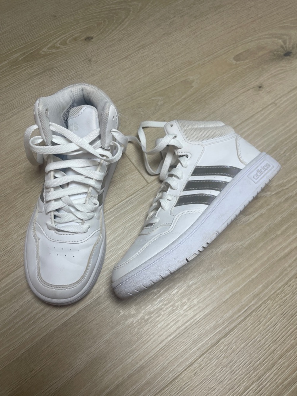 adidas White High-Top Sneakers with Silver Stripes